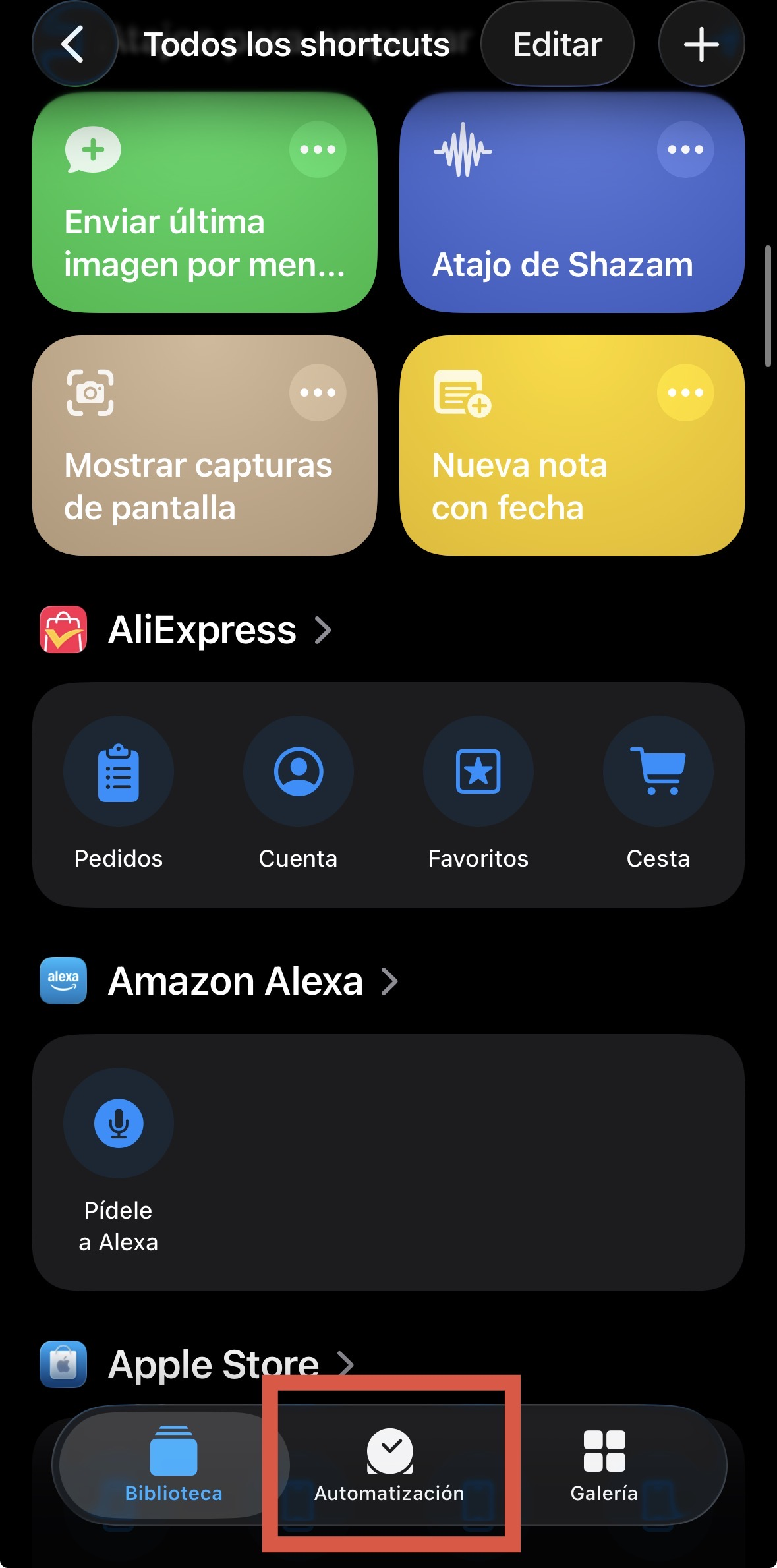 Pestaña Automatización en Atajos