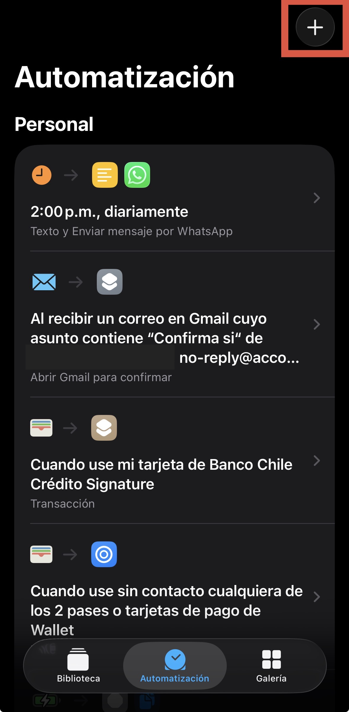 Botón + para crear automatización
